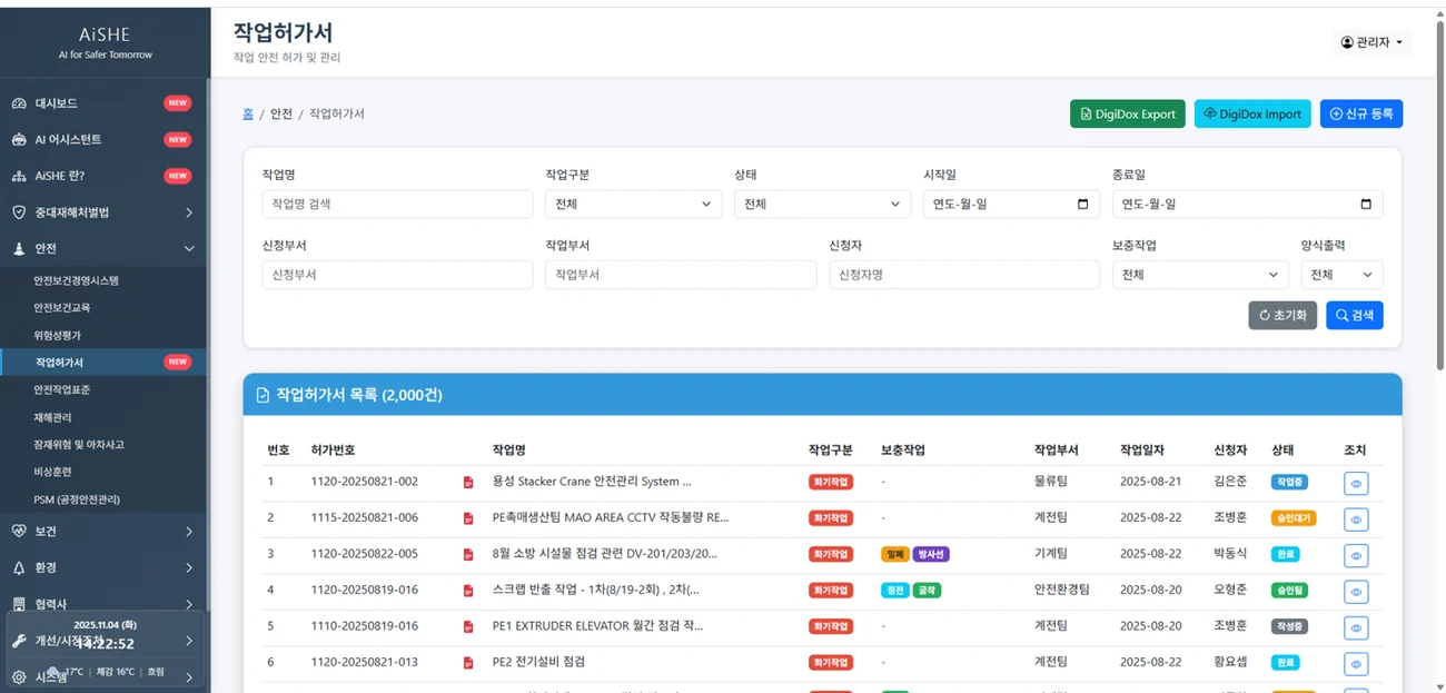 작업허가서 관리 화면 - 허가 목록과 상태·담당자·작업일자를 조회하는 관리자 대시보드